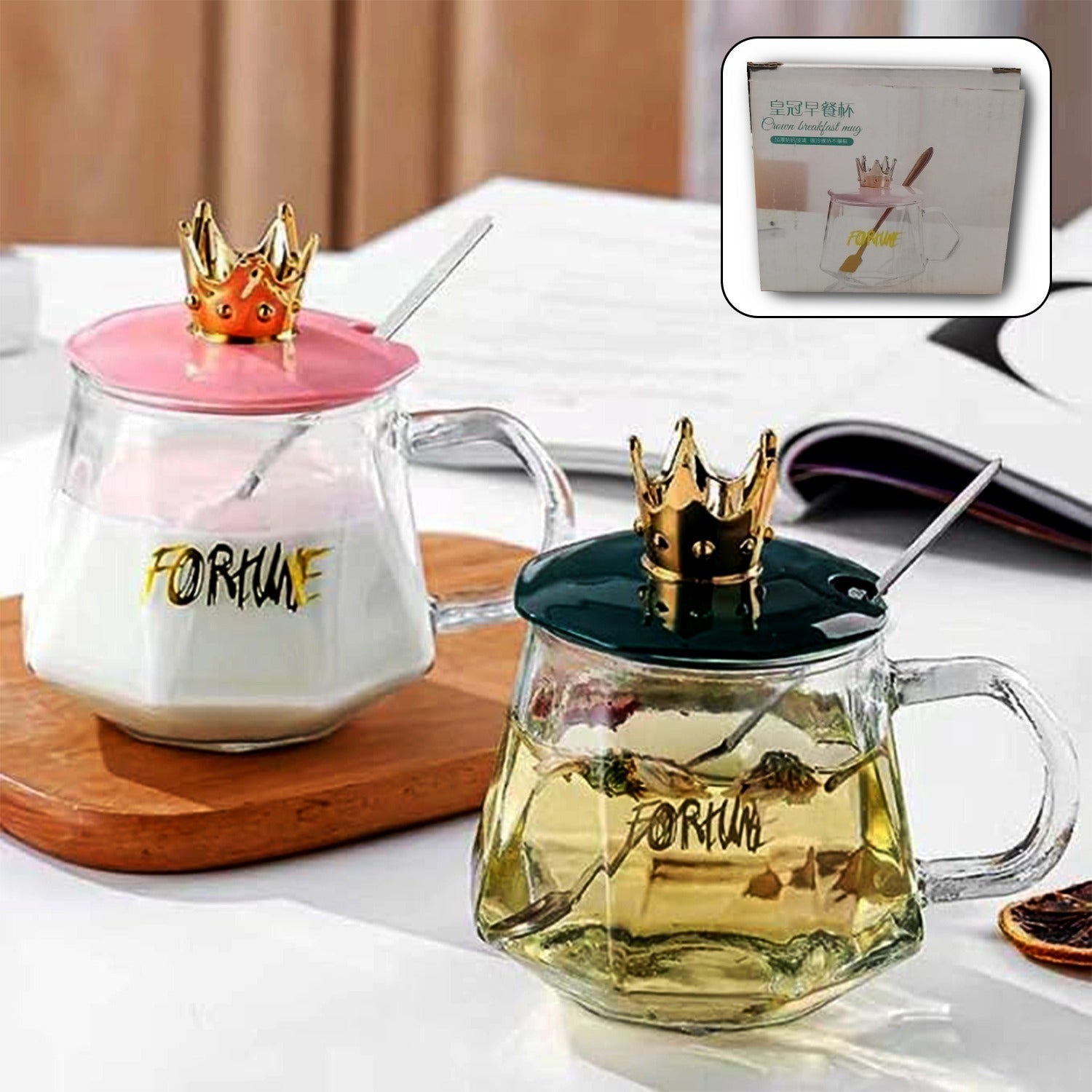 5540 Tea-Coffee Mug Golden Crown Shape and Stainless Spoon, Glass Cup With Hand, Milk, Chocolate and Beverage, Tea and Water, Clear Drinking Cups (1 Pc)