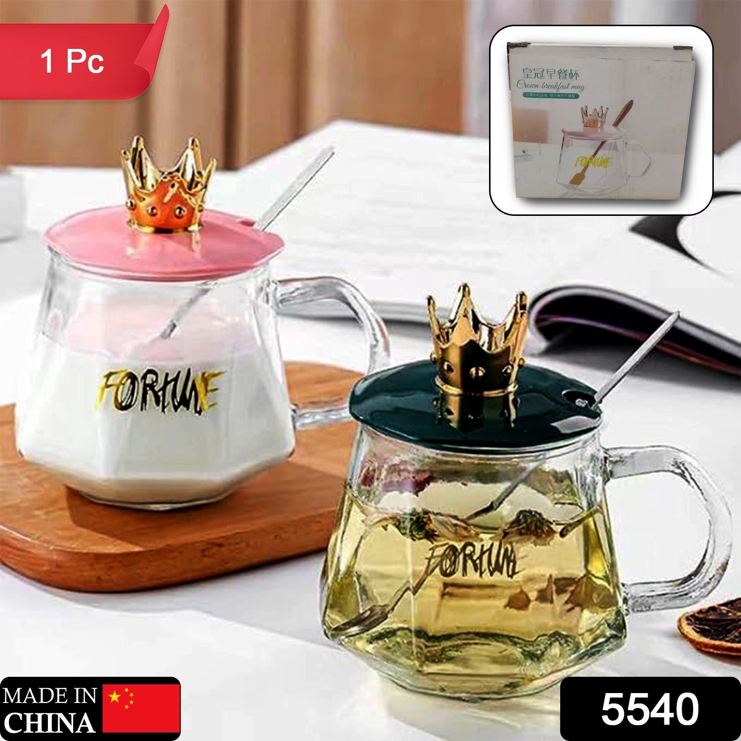 5540 Tea-Coffee Mug Golden Crown Shape and Stainless Spoon, Glass Cup With Hand, Milk, Chocolate and Beverage, Tea and Water, Clear Drinking Cups (1 Pc)